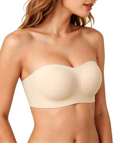 Strapless Bra for Women, Non-Slip Wireless Push Up Bandeau Bra, Seamless Invisible Bra with Removable Straps & Extender for Wedding Dresses and Parties (UK, Alpha, XXL, Regular, Regular, Nude)