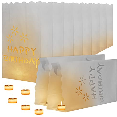 Kurtzy White Paper Candle Bags (10 Pack) - Flame Resistant Luminary Lanterns - Happy Birthday Party Design for Candles and LED/Flameless Tea Lights - Indoor or Outdoor Decoration