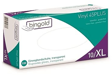 BINGOLD 604638 Vinyl 45Plus Einmal Handschuhe, Größe XL, Transparent, 100 Stück