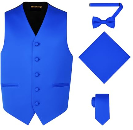 Oliver George 4pc Men's Solid Formal Suit Waistcoat Tuxedo Dress Vest Necktie Bowtie Handkerchief Set for Suit or Tuxedo Royal Blue Large