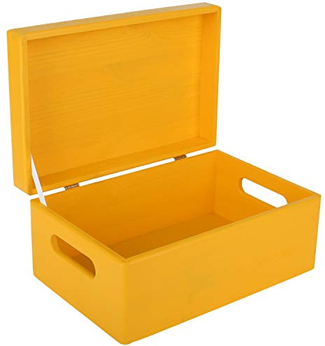 Creative Deco Large Yellow Plain Wooden Storage Box | 30 x 20 x 14 cm (+/-1 cm) | Hinged Lid & Handles | Gift Christmas Xmas Box Kitchen Storage | UNSANDED Wood Keepsake Memory Craft Chest