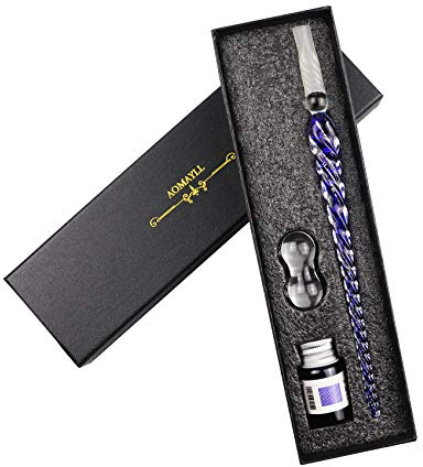 Pluma De Cristal,Glass Dip Pen Set, Pluma Dip de cristal para dibujo,escritura y caligrafía, con caja de regalo (blue)