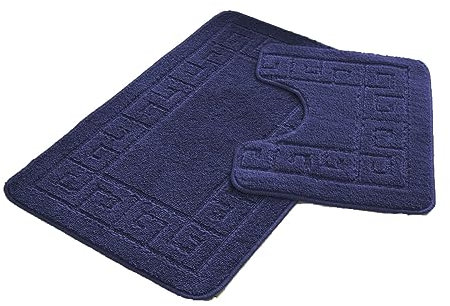 FAIRWAYUK Bathroom Mats Sets 2 Pieces, Ultra Plush Greek Pattern Bath Toilet Mat Anti Slip Pedestal Set, Extra Absorbent 100% Polypropylene Rug, Bathroom Accessory (Navy)
