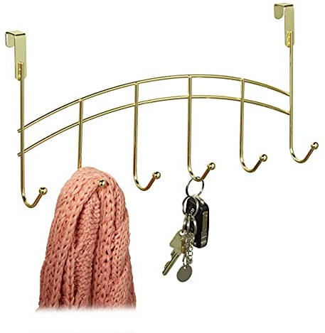 Relaxdays 3 x Türgarderobe, 6 Haken, zum Einhängen, Metall, Türhakenleiste Flur, Schlafzimmer, Bad, HxBxT: 20 x 40 x 9 cm, gold