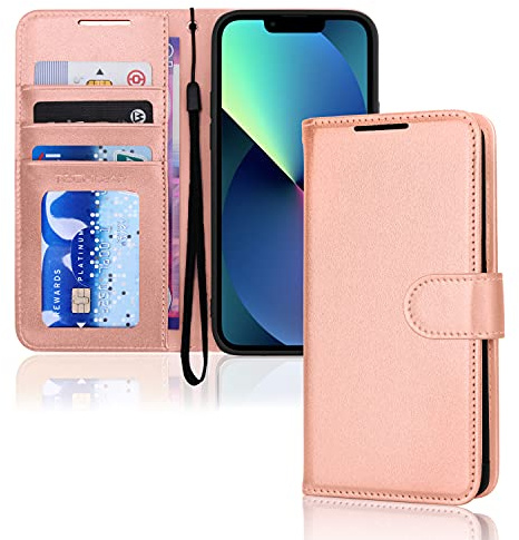 TECHGEAR Etui iPhone iPhone 13 Portefeuille, Housse en Cuir avec Rabat de Protection, Fentes pour Cartes, Béquille et Dragonne, Cuir PU Rose Gold Compatible avec iPhone 13 6.1