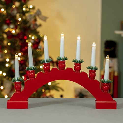 The Christmas Workshop 71179 Red Arched Wooden Candle Bridge with Candle Holders / 7 Warm White LEDs/Indoor Christmas Decoration / 45cm x 31.5cm x 5cm / Battery Powered