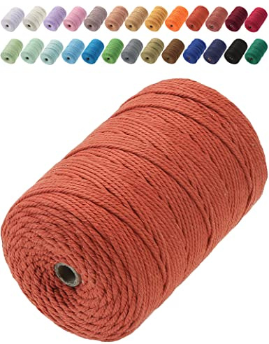GOHOF Macrame Cord 3mm x 200m Premium Cotton Macrame Rope, 4 Strand Twisted Soft Cotton Cord, Perfect for Macrame Art, Reddish Brown