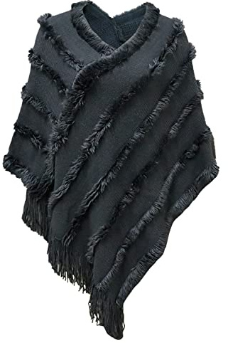JFAN Poncho Femme Fourrure Cape en Tricot à col en V Léger Ponchos et Capes d'automne/Hiver Gris Clair