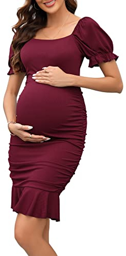 BeautyNee Women's Short Puff Sleeve Maternity Dress Summer Square Neck Ruffle Hem Smocked Bodycon Dress for Baby Shower Wine Red L