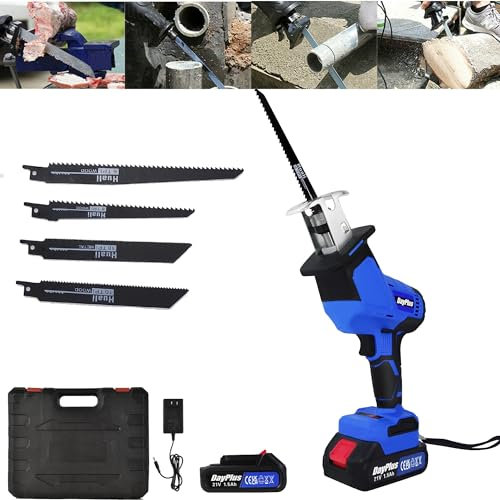 Scie sabre sans fil avec 1 batterie de 1,5 Ah et chargeur, vitesse variable 1900 tr/min, profondeur de coupe 150 mm, 4 lames pour couper le bois, le PVC, le métal