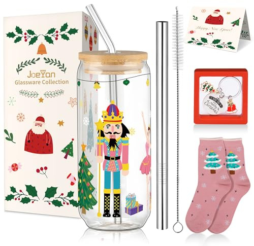 Joeyan 600ml Weihnachten Nussknacker Trinkgläser mit Deckel und Strohhalm Dosenförmig Heiße Kaffee Tasse Bubble Tea Becher Einmachglas Boba-Becher Reiseflasche Geschenkbox