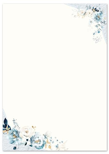 20 Sheets Letter Paper Blue Flowers DIN A4 (210 x 297 mm) 90 g/m² Floral Motif