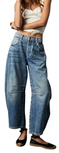 Barrel Jeans para Mujer de Moda de Cintura Alta de Pierna Ancha Holgada Recortada Relax Fit Pantalón de Mezclilla elástico Pantalones de Tobillo