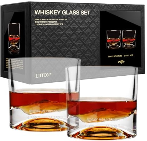 LIITON Rocky Mountains Kristall-Whiskeygläser 2er-Set, dick & gefrierbar, je 1 Pfund, 300 ml – hochwertiges Geschenk für Männer, kühlt Cocktails mit gefrorenem Kristall