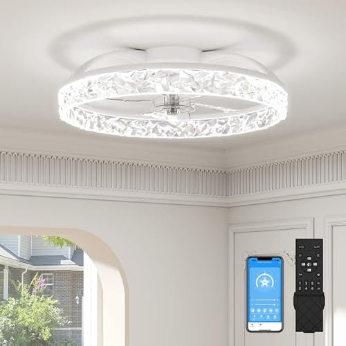 VOLISUN Ceiling Fans with Lights and Remote, 50cm Modern Smart LED Ceiling Fan Light, 6 Speeds and 3000K-6500K Dimmable Quiet Fan Ceiling Lights for Bedroom Living Room Dining Room (White)