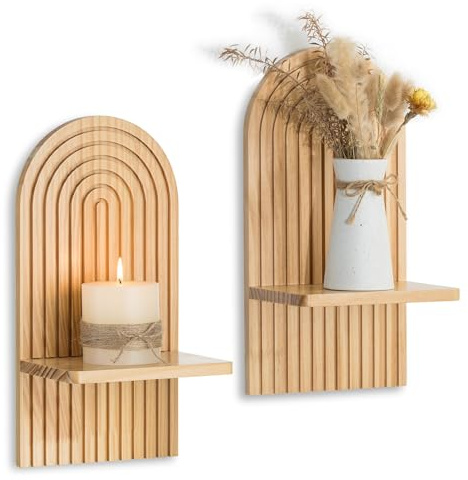 Walasis Boho Wall Decor Set of Two - Natural Modern Minimalist Mid Century Wall Candle Holder for Living Room - Wood Bohemian Decor for Bathroom Nursery Bedroom