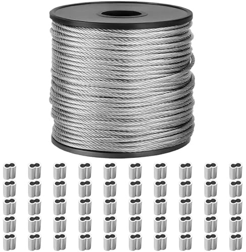 ANOMM 50m x 2mm Trädgårdstråd, Rostfritt Stålvajer med 50 st. Aluminiumkrymphylsor, 7x7 Trådiga Vajer, Stålvajer för Trädgårdsklätterväxter, Hängande Tavlor och Utomhusbruk i Trädgården