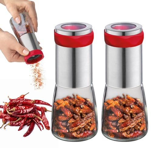 Set di 2 macinini per peperoncini, 140 ml, in vetro, macinino peperoncino in vetro, macinino peperoncino, macinino per peperoncino con lama in acciaio inox, taglia anche altre erbe grossolane per