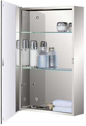 Fundin Stainless Steel Bathroom Mirror Cabinet, Single Door with Adjustable Glass Shelves, Surface Mounted, 40cm W x 60cm H, Mirrored Finish