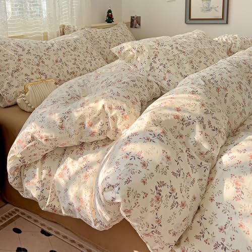 Covebett Juego de ropa de cama de 140 x 200 cm, diseño de flores, color beige y marrón, diseño de flores, color beige y marrón, funda nórdica de microfibra y funda de almohada de 70 x 90 cm