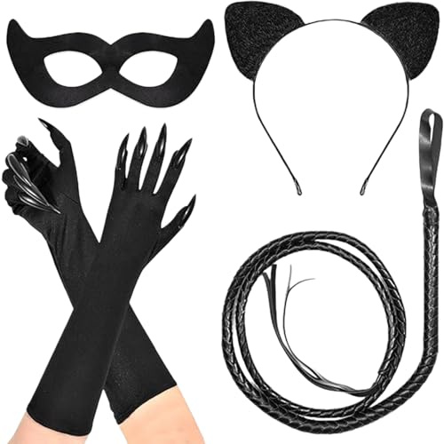 FrostyFlair Catwoman Disfraz para Mujer, Disfraz de Cat Woman y Máscara Negra, Disfraz de Gato Mujer con Orejas y Guantes para Fiestas de Halloween