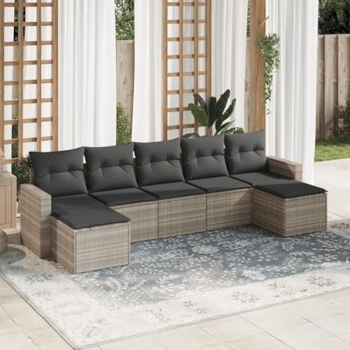 RMIHSJG Ensemble de canapé de jardin 7 pièces avec coussins gris clair polyrotin design modulaire groupe de meubles en rotin PE pour terrasse, housses amovibles, groupe de sièges d'extérieur résistant