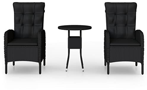 Qnhdfrt Set da bistro da giardino, 3 pezzi, con 2 sedie regolabili e tavolo da bistrò, in polyrattan, per balcone e terrazza, cuscino incluso, tavolo in vetro nero, 60 cm