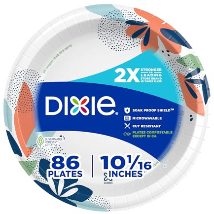 Dixie Large Paper Plates, 10 Inch, 86 Count, 2X Stronger*, Microwave-Safe, Soak-Proof, Cut Resistant, Disposable Plates For Everyday Breakfast, Lunch, & Dinner Meals