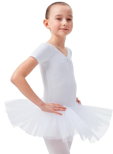 tanzmuster ® Ballettkleid Mädchen Tutu - Nele- aus weichem Baumwollstoff mit Glitzersteinen fürs Kinder Ballett Ballettbody Ballett Trikot, Weiß 152-158