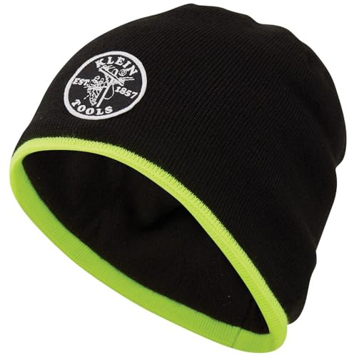 Klein Tools 60391 Knit Beanie, Thermal Fleece Winter Hat, Windproof, Fits under Helmets, Black with High-Visibility Yellow Band Trim