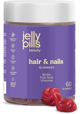 Jelly Pills® Biotin Hochdosiert Gummies mit Folsäure und 7 Vitaminen - ohne Zuckerzusatz - 60 Vegane Haarvitamine zur Verringerung des Haarausfalls mit Himbeergeschmack - Haut Haar Nägel Komplex