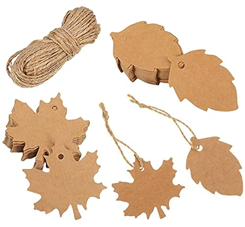 100 Piezas Etiqueta Regalo de Papel Kraft, Colgantes Artesanales, Hoja de Arce Con Hilo Yute para Bodas, Cumpleaños y Navidad (Marrón)