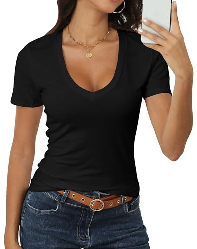 Roselux Women Short Sleeve Deep V Neck Tops Shirts Fitted Cotton Modal Summer Sexy Tshirt Tee Black M