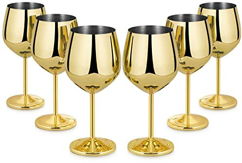 Lifecapido Stainless Steel Wine Glasses Set of 6, 18oz Stainless Steel Wine Goblets, Stemmed Metal Wine Glasses with Cup Brush for Party Office Wedding Anniversary, Great for Red White Wine (Gold)