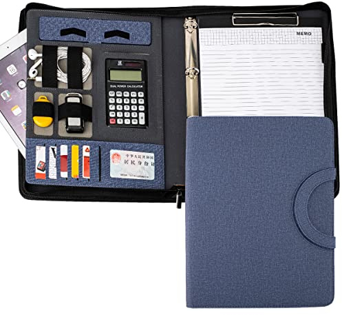 Portafolio de cuero con [cremallera] [asa] [carpeta de 4 anillos] y [portapapeles], organizador de conferencias de negocios para mujeres/hombres (con calculadora, azul)