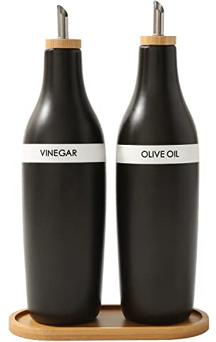 HOMCDALY Olive Oil and Vinegar Dispenser Set, Two 16oz Ceramic Oil Dispenser for Kitchen, Kitchen Dispenser Bottle for EVOO Vinegar Syrups, Modern Farmhouse Design| Set of 2 – Black