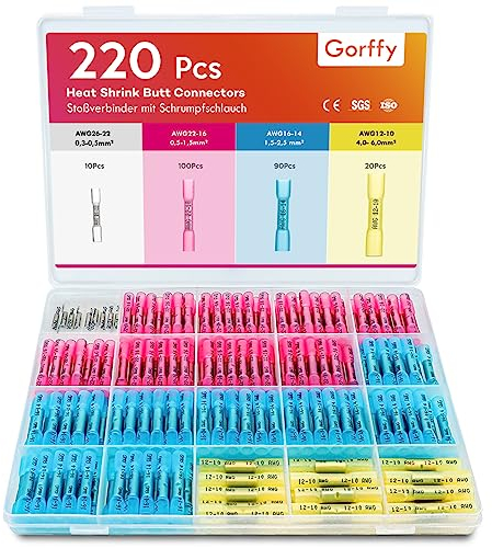 Gorffy Heat Shrink Butt Connectors, 220 PCS Crimp Connectors, 26-10 AWG Wire Connector Heat Shrink, Wire Crimp Connector Marine Grade Butt Terminals(Blue/Red/Yellow/White)