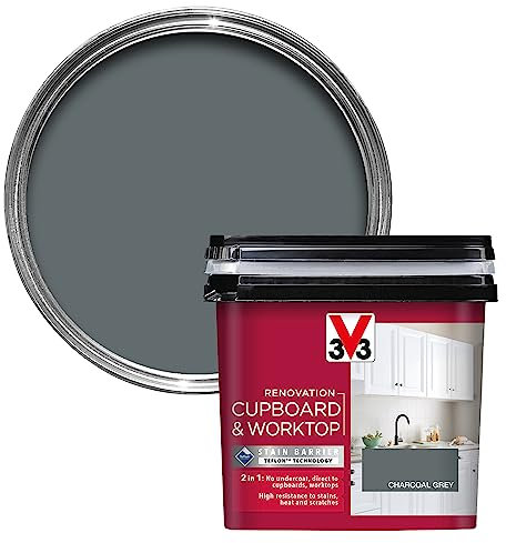 V33 Renovation Cupboard & Worktop Paint - No Undercoat Needed - High Resistance To Water Stains & Scratches - Ultra Washable - Charcoal Grey 750ml
