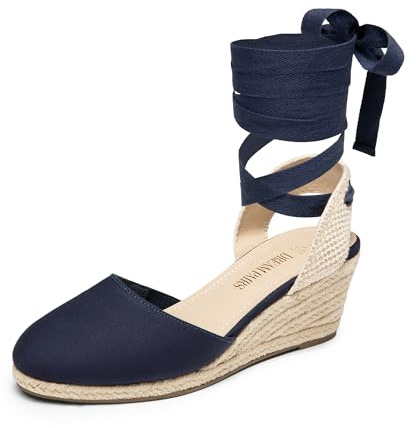 DREAM PAIRS Espadrillas da donna con punta aperta, sandali eleganti con zeppa e cinturino elastico alla caviglia, Tela blu navy., 40.5 EU