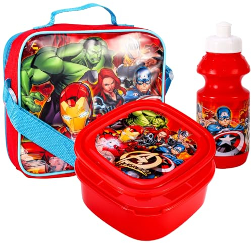 Avengers Kids Lunch Bag Set – 3 Piece School Lunch Kit with Sandwich Box & Drinks Bottle – Marvel Superhero Boys Travel Set for School or Nursery