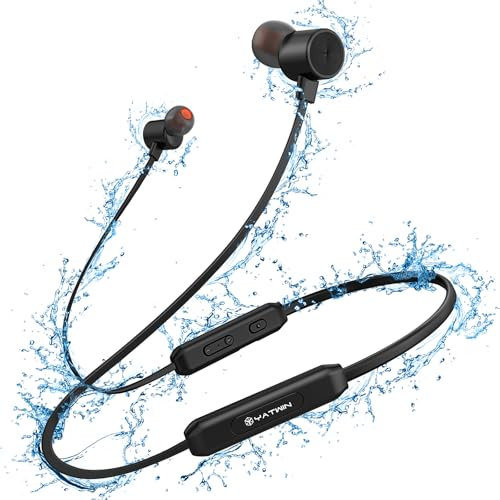 YATWIN Auriculares deportivos Bluetooth in-ear, Bluetooth 5.0, auriculares deportivos con 16 horas de sonido HiFi IPX7, resistentes al agua, magnéticos ultraligeros, con micrófono MEMS con cancelación