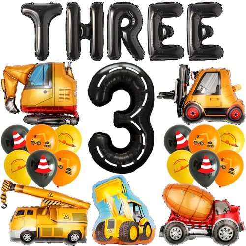 3rd Birthday Construction Decorations Boys - 23 Pieces Vehicle Party Decoration Black Letter Three Balloons Digger Excavator Crane Cement Truck Bulldozer Orange Balloon for Kids 3rd Party Supplies