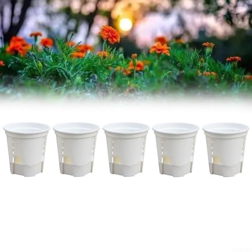 Oceanlend 5 macetas de plástico con base, macetas para interiores y exteriores con función de drenaje, adecuadas para orquídeas, lirios de la paz, plantas araña (120 mm, blanco)