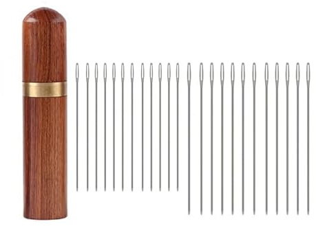 WUTA Leder Nähnadeln Mit Birnbaumholz Holznadeletui,24 Stücke Rundspitznadel Großem Öhr Ledernadel,Edelstahl Nähnadeln Für Handnähen,Lederhandwerk(S+L)