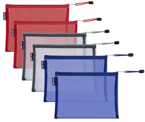 HRX Package 6 Stück Nylon Mesh Kosmetiktaschen mit Reißverschluss,A5 Organizer in Grau/Blau/Rot,Kosmetikpinsel & Stifte Aufbewahrung für Bürobedarf,Zubehör für Windeltaschen(18x24 cm)