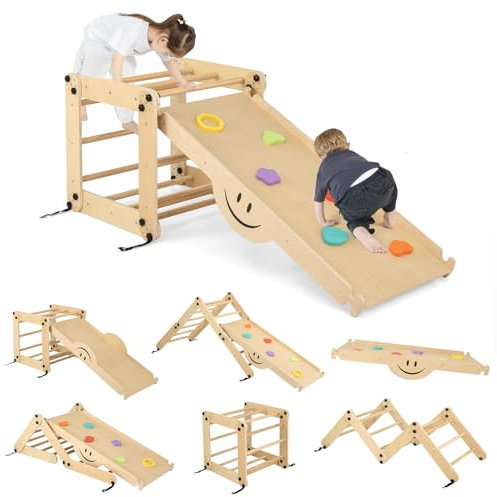 GOPLUS Kletterdreieck Indoor, Klettergerüst mit Verstellbarer Kletterleiter & umkehrbarer Kletterrampe, Rutsche & Wippe, Indoor-Spielplatz für Kleinkinder ab 3 Jahren (Natur)