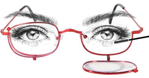MMOWW Makeup Reading Glasses for Women Metal Frame Flip Down Magnifying Cosmetic Readers Blue Light Blocking, Red +1.0