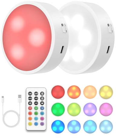 Goodea Rechargeable RGB Puck Lights with Remote, Dimmable, Timer, Magnetic