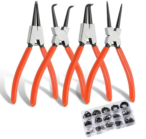 GWAEPU 7-Zoll Sprengringzangen Set 4tlg: Sicherungsringzange mit Spitzzange Gebogen 300Stück Federwellen-Haltering Elastischer Manganstahl