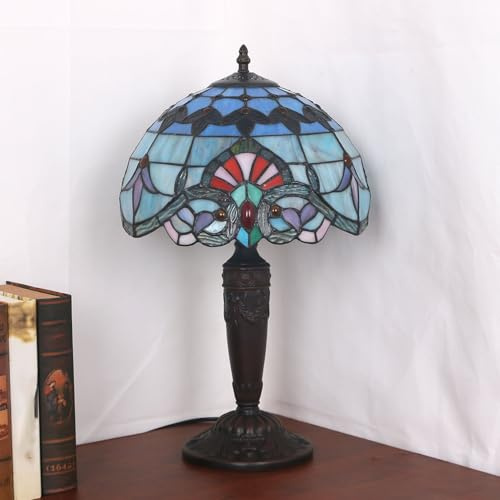 Fiunkes Lámpara de Mesa barroca Azul, lámpara de Lectura de cabecera con vidrieras de Color púrpura, Rosa y Rojo Estilo Tiffany, lámpara de Escritorio Vintage Artesanal 12 Pulgadas para Biblioteca